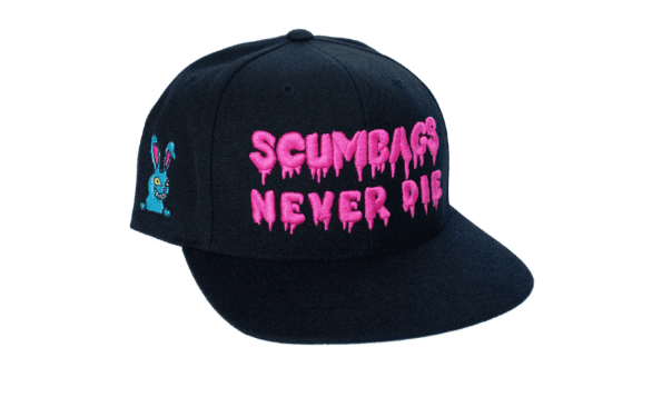 A black hat with pink lettering and a bunny on it.