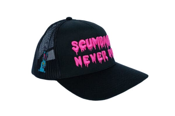 A black hat with pink lettering on it.