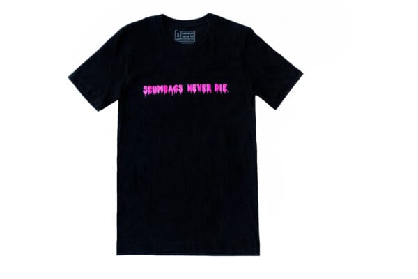 A black t-shirt with pink writing on it.