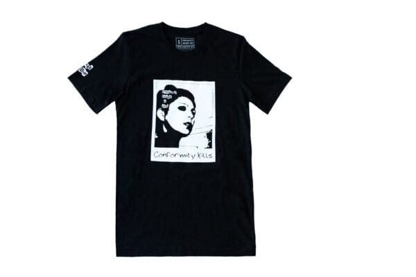 A black t-shirt with an image of a woman.