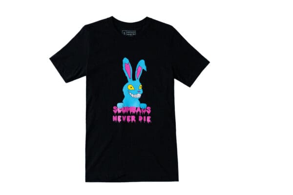 A black t-shirt with an image of a bunny rabbit.