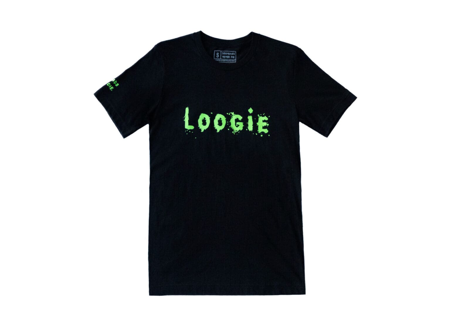 A black t-shirt with the word " loogie " written in green.