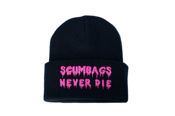 A black beanie with pink lettering on it.